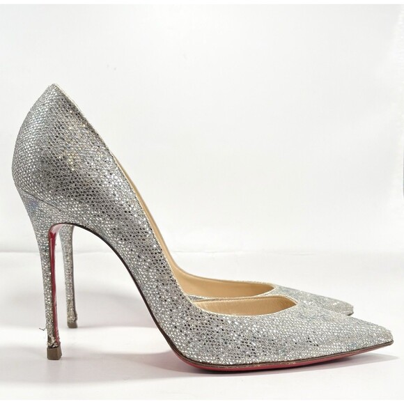 Christian Louboutin Silver Glitter Nappa Mica Iriza 100 Stiletto Heels Sz EU 38 - Picture 1 of 16